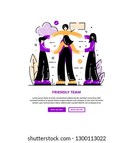 Teamwork. Friendly staff. People stand hand in hand. Website banner