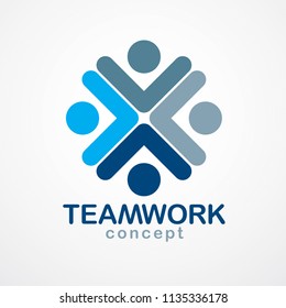 Teamwork and friendship concept created with simple geometric elements as a people crew. Vector icon or logo. Unity and collaboration idea, dream team of business people blue design.