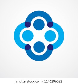Teamwork and friendship concept created with simple geometric elements as a people crew. Vector icon or logo. Unity and collaboration idea, dream team of business people blue design.