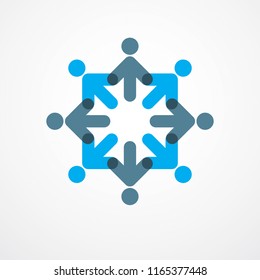 Teamwork and friendship concept created with simple geometric elements as a people crew. Vector icon or logo. Unity and collaboration idea, dream team of business people blue design.