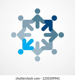 Teamwork and friendship concept created with simple geometric elements as a people crew. Vector icon or logo. Unity and collaboration idea, dream team of business people blue design.