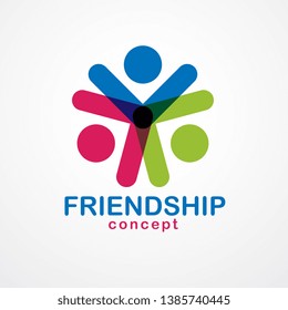 Teamwork and friendship concept created with simple geometric elements as a people crew. Vector icon or logo. Unity and collaboration idea, dream team of business people colorful design.