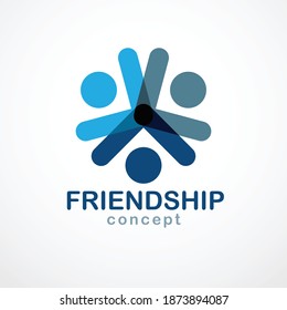 Teamwork and friendship concept created with simple geometric elements as a people crew. Vector icon or logo. Unity and collaboration idea, dream team of business people blue design.