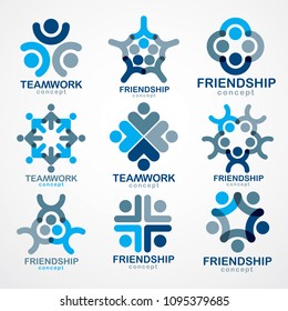 Teamwork and friendship concepts created with simple geometric elements as a people crew. Vector icons or logos set. Unity and collaboration ideas, dream team of business people blue designs.