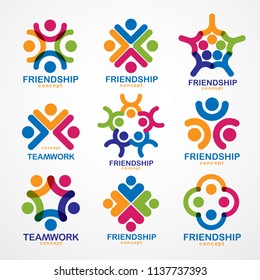 Teamwork and friendship concepts created with simple geometric elements as a people crew. Vector icons or logos set. Unity and collaboration ideas, dream team of business people colorful designs.