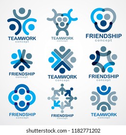 Teamwork and friendship concepts created with simple geometric elements as a people crew. Vector icons or logos set. Unity and collaboration ideas, dream team of business people blue designs.