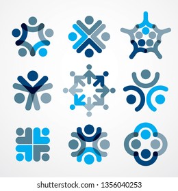 Teamwork and friendship concepts created with simple geometric elements as a people crew. Vector icons or logos set. Unity and collaboration ideas, dream team of business people blue designs.
