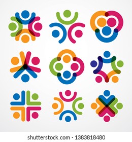 Teamwork and friendship concepts created with simple geometric elements as a people crew. Vector icons or logos set. Unity and collaboration ideas, dream team of business people colorful designs.