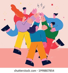 Teamwork, friendship, group of people giving high five flat vector illustration. Business coworkers and colleagues greeting