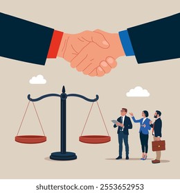 Teamwork and friendship. Scales in balance. Client shakes hands with lawyer. Arguments, evidence and tricks in trial. Modern vector illustration in flat style. 