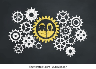 Concepto de equipo de trabajo en la pizarra. Icono amarillo de hombre y mujer.