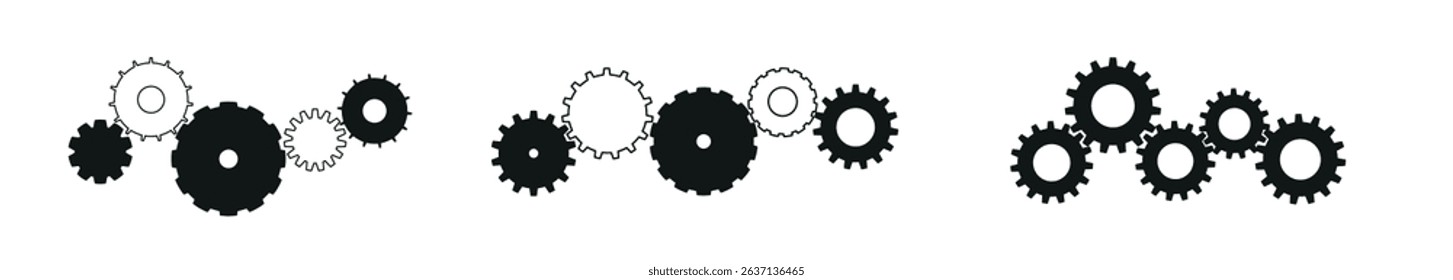 Teamwork gear doodle with collaboration concept. Hand-drawn industrial cogs and factory elements. Flat vector illustration isolated on white background.