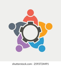 Teamwork Gear Logo Five People Group, Representing Collaboration, Innovation, and Business Efficiency