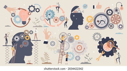 Teamwork gears as business cooperative machinery tiny person collection set. Project development and management with team support to solve work tasks vector illustration. Leader with cogwheel elements