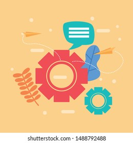 teamwork gears paper plane creativity vector illustration