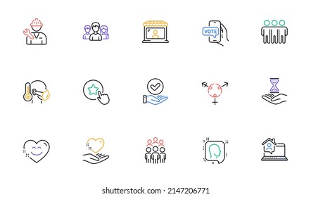 Teamwork, Genders and Friendship line icons for website, printing. Collection of Sick man, Hold heart, Loyalty star icons. Smile chat, Group people, Time hourglass web elements. Vector