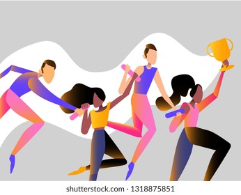 a teamwork to get the first place, trophy ,to be a winner, vector flat illustration 