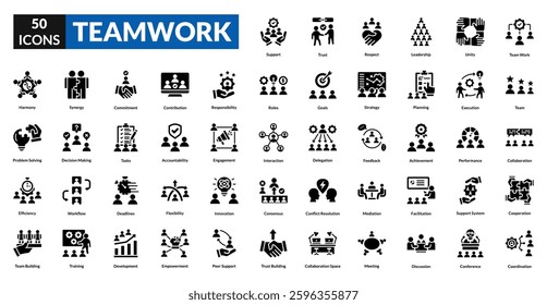 Teamwork glyph icon collection set. Includes collaboration, unity, support, synergy, partnership, group, coordination, leadership, goal, strategy, communication, trust, effort, planning, success