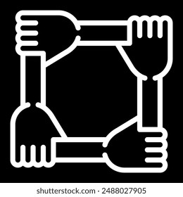 Teamwork glyph icon. Four hands interlocked, symbolizing unity, collaboration, and support. Ideal for themes related to teamwork, community, and partnership.
