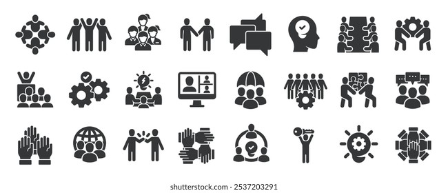 Colección de iconos sólidos de glifo de trabajo en equipo. Contiene organización, gestión, negocios, colaboración. Icono mínimo y Ilustración vectorial de la serie de símbolos