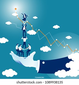 Teamwork go to the Star  do a pyramid of acrobats  by business man and woman and support by Boss or Leader in the sky high on the Blue tone background . Concept Illustration Vector.