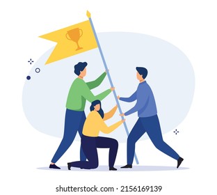 Trabajo en equipo, logro de objetivos y concepto de éxito empresarial. La bandera como símbolo de éxito.  Ilustración vectorial.