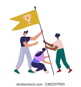 Teamwork, goal achievement, flag as a symbol of success and heights. Vector illustration.
