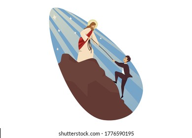 Teamwork, goal achievement, religion, christianity, support, business concept. Jesus Christ son of God helping young businessman clerk manager climbing on mountain. Divine suppor and goal achievement.