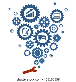 Teamwork graphic vector design. GEars and cogs with copyspace, place for text. communication concept. blue icon. white background. One of set web icons. eps 10.