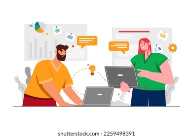 Teamwork gray concept with people scene in the flat cartoon style. Two workers work in a team to make work more efficient. Vector illustration.