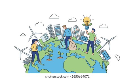Trabalho em equipe para um futuro mais ecológico aproveitando fontes de energia renováveis para uma vida sustentável em todo o mundo