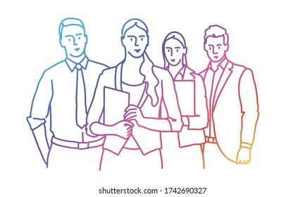 Teamwork. Group of business people. Rainbow colors in linear vector illustration.