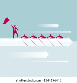 teamwork. A group of businessmen are rowing. The background is blue.