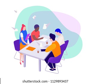 teamwork, a group businessmen sit at a table and create new ideas for a start-up, communicate among themselves in the areas of marketing, design and advertising, vector isometry flat illustration