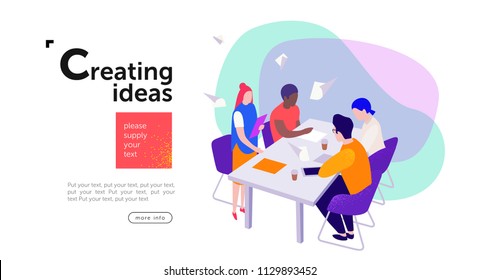 teamwork, a group of businessmen sit at a table and create new ideas for a start-up, communicate among themselves in the areas of marketing, design and advertising, vector flat isometry illustration