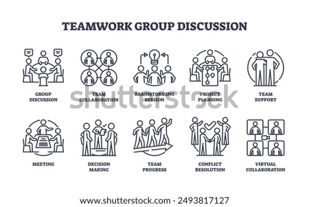 Teamwork group discussion icons with partnership outline collection set. Labeled elements with business collaboration and communication vector illustration. Colleague and partner communication.