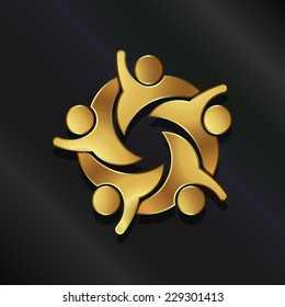 Teamwork group of five people, helping each other.Vector icon