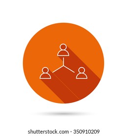 Teamwork group icon. Business community sign. Corporate work symbol. Round orange web button with shadow.