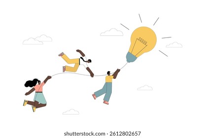 Teamwork. A group of people are flying on a light bulb. Implementation of the idea