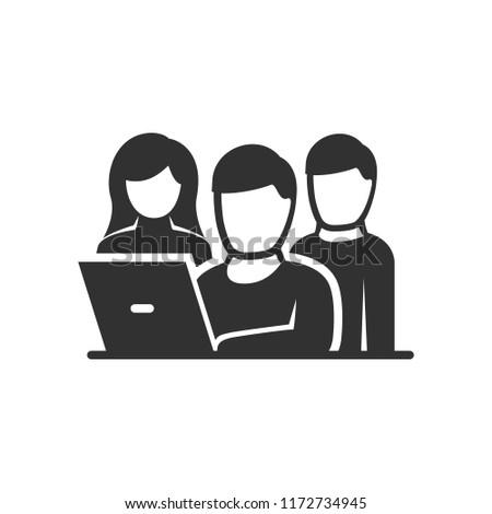teamwork, a group of people working at a computer . monochrome icon