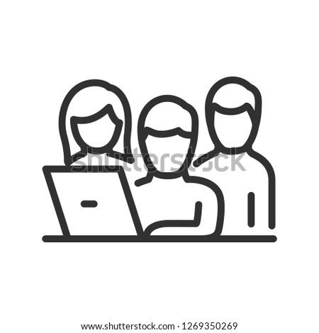 teamwork, a group of people working at a computer. linear icon. Line with editable stroke