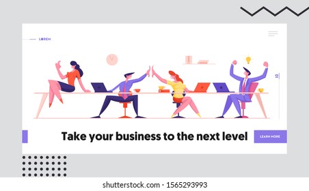 Teamwork Group Rejoice and Giving Highfive Website Landing Page. Joyful Managers Team, Businessmen and Businesswomen Successful Deal Contract Signing Web Page Banner. Cartoon Flat Vector Illustration