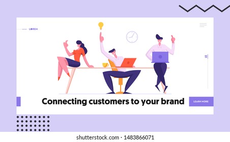 Teamwork Group Website Landing Page. Cheerful Business People Team Rejoice of New Project Creative Idea. Joyful Employees Sitting in Office Workplace Web Page Banner. Cartoon Flat Vector Illustration