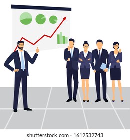 Teamwork, growth. Office Work, workflow, coworking, Teamwork. Business meeting in the company. office meeting. businessman points to growth statistics. Annual statistics. Success in business, concept.