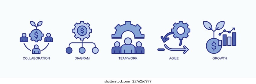 Teamwork And Growth Tools Icon Set Isolated Vector With Icon Of Collaboration, Diagram, Teamwork, Agile, Growth In Blue Style