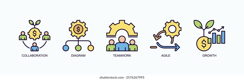 Teamwork And Growth Tools Icon Set Isolated Vector With Icon Of Collaboration, Diagram, Teamwork, Agile, Growth In Outline Color Style
