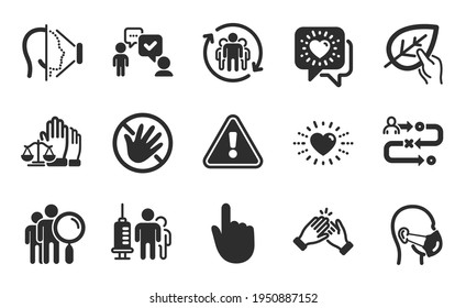 Teamwork, Hand click and Clapping hands icons simple set. Friends chat, Journey path and Organic tested signs. Medical mask, Court jury and Consulting business symbols. Flat icons set. Vector