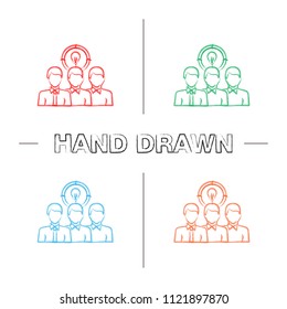 Teamwork hand drawn icons set. Leadership. Team generating ideas. Problems solving. Staff, personnel. Color brush stroke. Group of people with lightbulb. Isolated vector sketchy illustrations