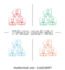 Teamwork hand drawn icons set. Team problem solving. Personnel interaction. Partnership. Color brush stroke. Staff puzzles. Isolated vector sketchy illustrations