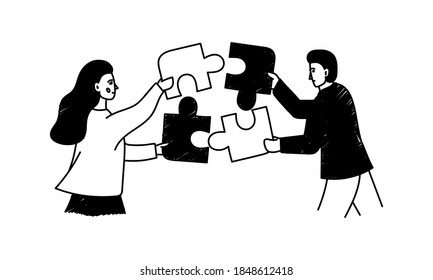 Ilustración conceptual de trabajo en equipo a mano. El dibujo de un hombre y una mujer con vectores de dibujos animados unió el rompecabezas. Esbozo en blanco y negro de trabajo en equipo, trabajo de oficina, unidad, trabajo armonioso, concepto de equipo